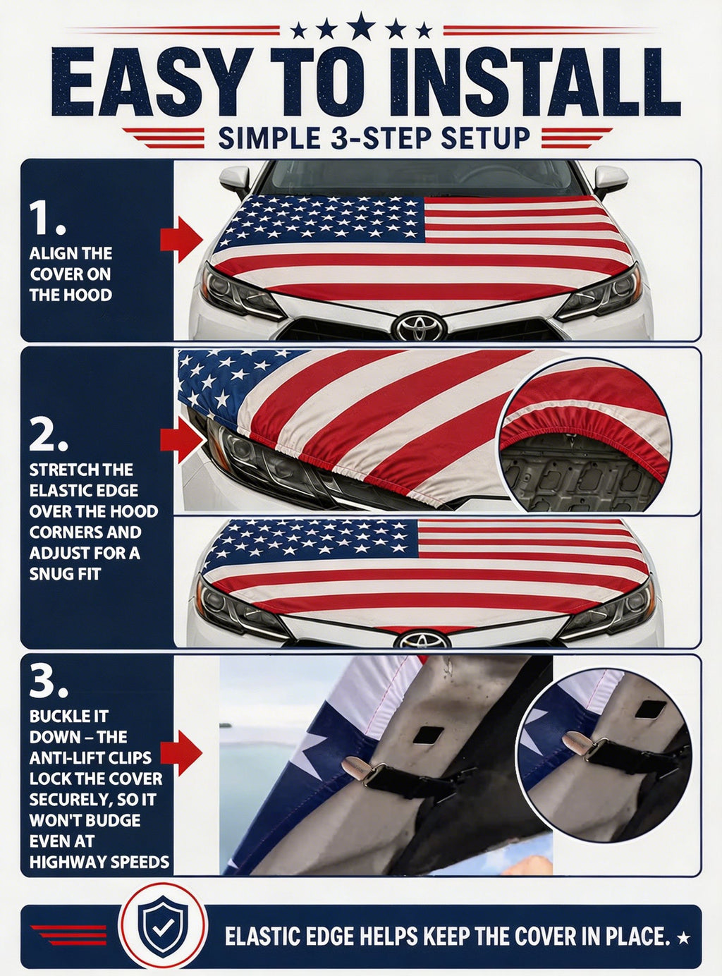 🇺🇸 American Hood Flag Cover – Secure Buckle, Highway Safe, Fits Cars/SUVs/Trucks | Buy 2 Free Shipping 🔥
