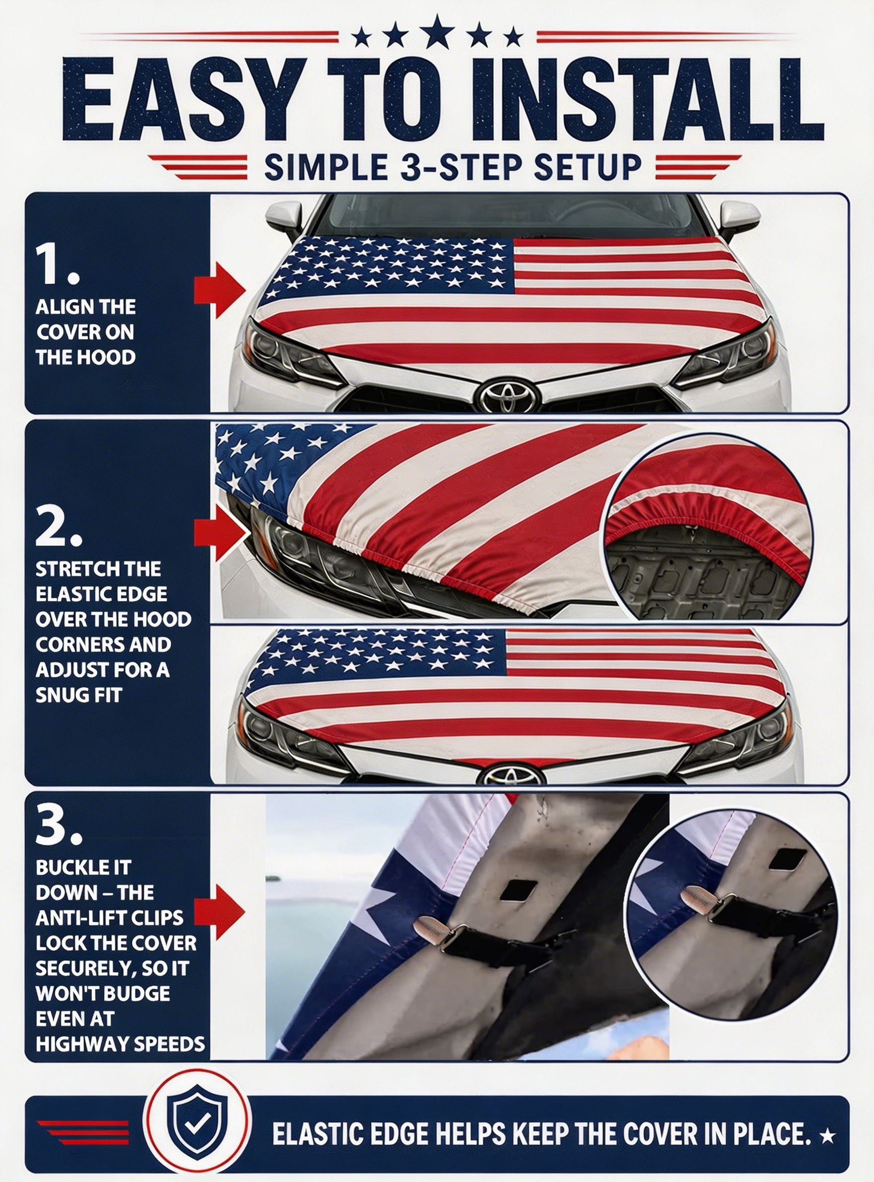 🇺🇸 American Hood Flag Cover – Secure Buckle, Highway Safe, Fits Cars/SUVs/Trucks | Buy 2 Free Shipping 🔥