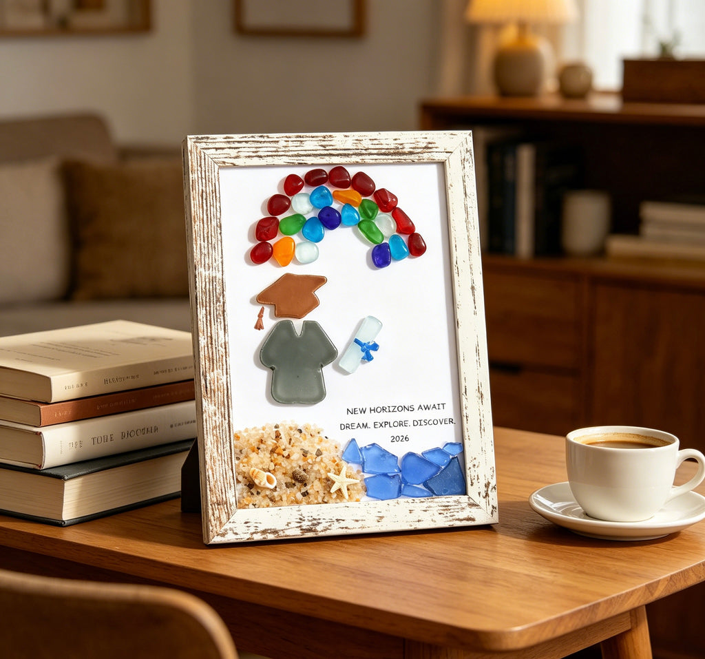 Sea Glass Art Frame Desktop Decors Handmade Sea Glass Art Graduation Gift