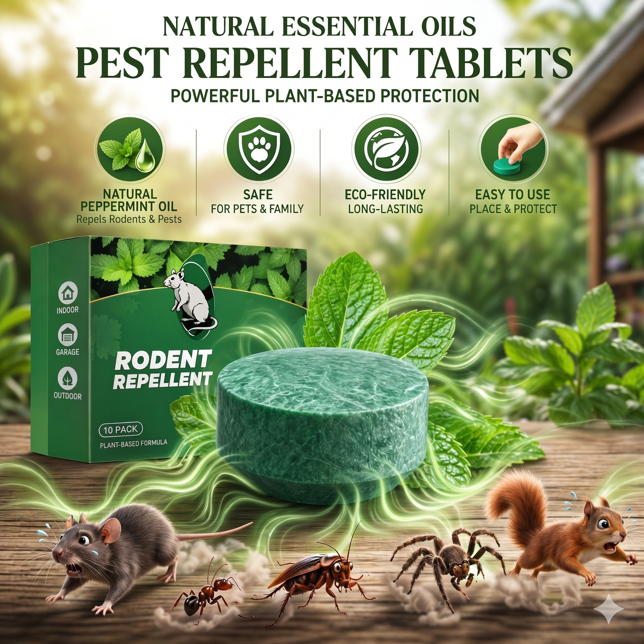 🟢 Natural Peppermint Rodent Repellent Tablets – 10 Pack