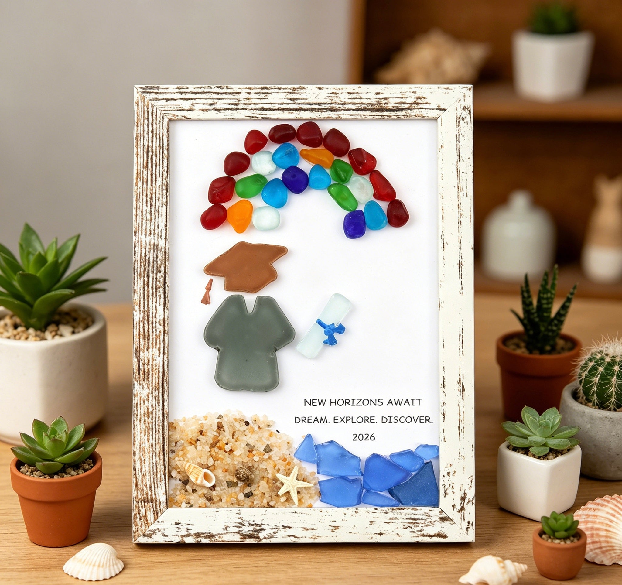 Sea Glass Art Frame Desktop Decors Handmade Sea Glass Art Graduation Gift