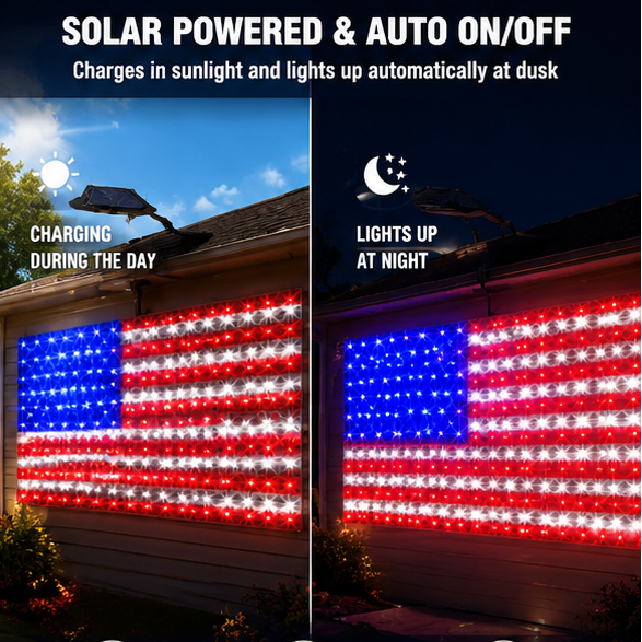 Solar Powered LED American Flag Light – Outdoor Patriotic Garage & Garden Decoration, 4th of July & USA 250th Anniversary