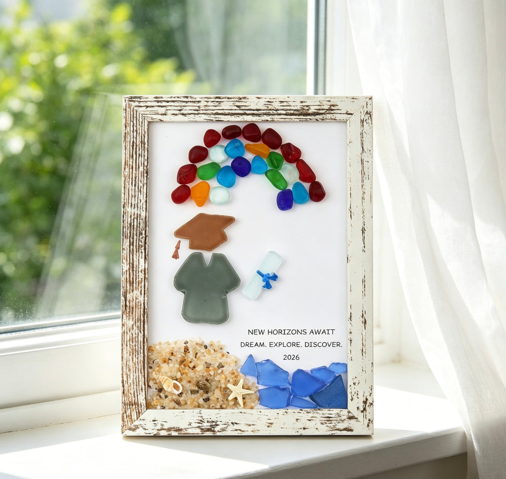 Sea Glass Art Frame Desktop Decors Handmade Sea Glass Art Graduation Gift