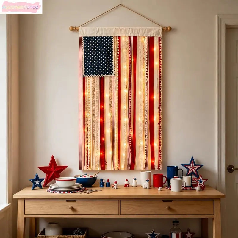 Lighted Rag American Flag Banner