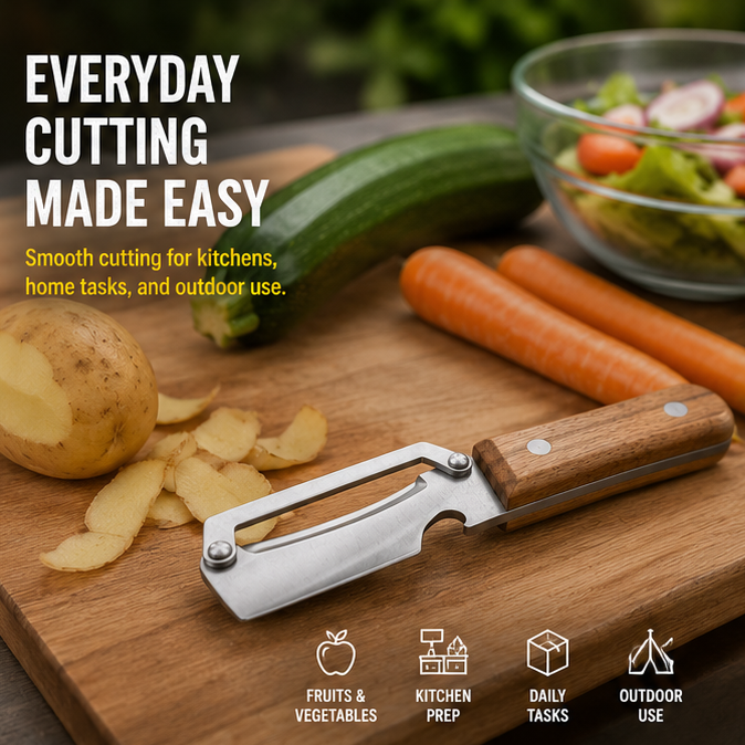 Zero-Snag Outdoor Utility Peeler Knife with Wooden Handle | Stainless Steel Camping & Bushcraft Tool