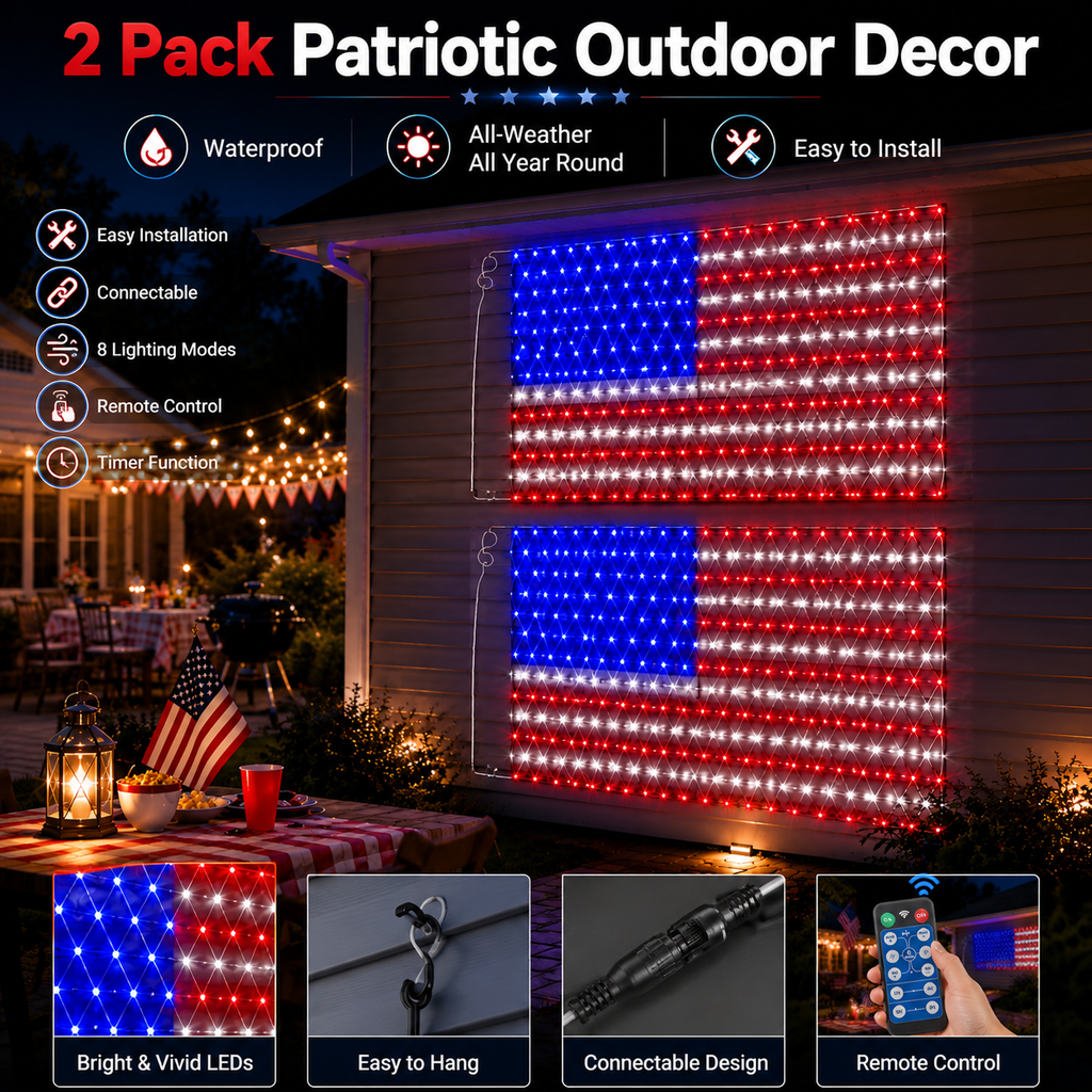 Solar Powered LED American Flag Light – Outdoor Patriotic Garage & Garden Decoration, 4th of July & USA 250th Anniversary