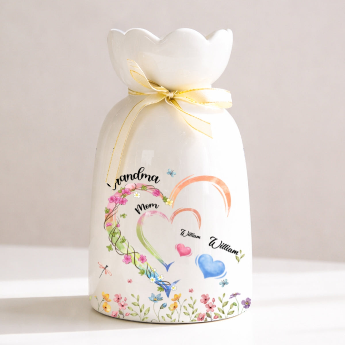 Grandma Heart - Personalized Custom Ribbon Tie Flower Vase
